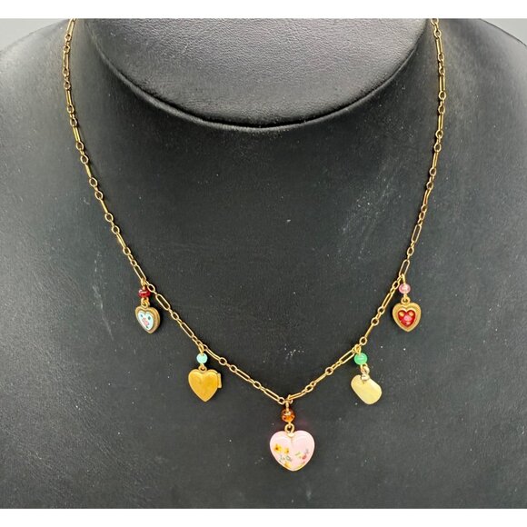 Vintage 12K Gold-Filled Necklace With Heart Charms & Glass Beads 16" - Picture 1 of 9